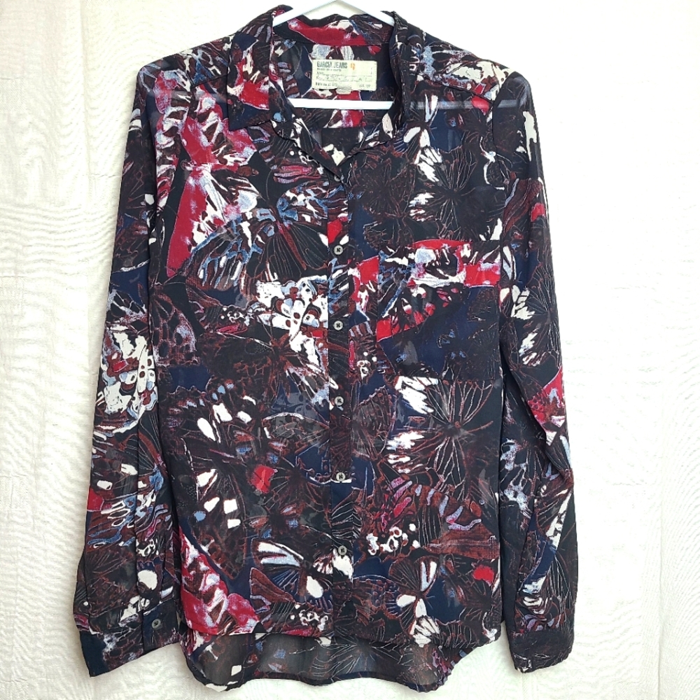 Garcia Jeans Women's M Blouse Floral Butterfly Black Sheer Artsy Contemporary